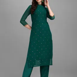 Fourleaf Women Embroidered Regular Sequinned Kurta with Trousers-image-9