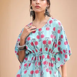 Shae by SASSAFRAS Floral Printed V-Neck Pure Cotton Pleated Kaftan Kurti-picture-11