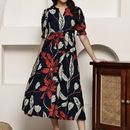 Claura Women Floral Printed Puff Sleeve Tiered Fit & Flare Midi Dress-picture-47