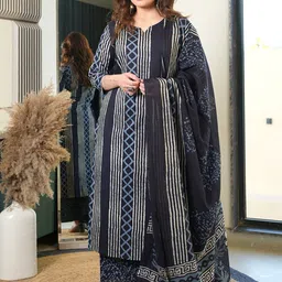 Arayna Women Striped Regular Pure Cotton Kurta with Palazzos & With Dupatta-picture-42