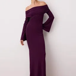 Trendyol Women Bordo Off-Shoulder Flared Sleeve Sheath Maxi Dress-picture-27