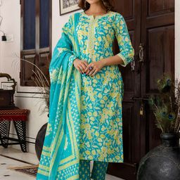 Indo Era Women Floral Printed Regular Pure Cotton Kurta with Trousers & With Dupatta-picture-26