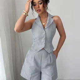 JC Mode Striped Notch Collar Top & Shorts Co-Ords image 3