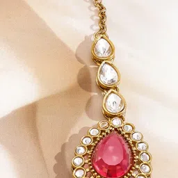 Rubans 22K Gold-Plated CZ Stones Studded & Beaded Necklace & Earrings & Maang Tika image 3