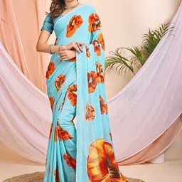 Leelavati Floral Printed Pure Chiffon Saree With Blouse Piece-picture-22