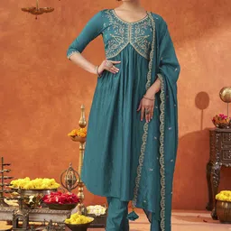 Saanjh Teal Blue Floral Yoke Design Angrakha A Line Kurta with Trousers & With Dupatta image 4