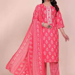 OLWAZE Women Ethnic Motifs Printed Regular Mirror Work Pure Silk Kurta with Trousers & With Dupatta-image-2