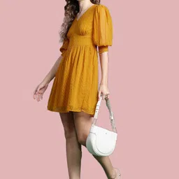 Deewa Women Self Design Puff Sleeve Georgette A-Line Dress-picture-33