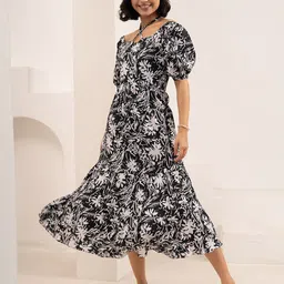 AASK Floral Print Halter Neck Puff Sleeve Crepe Fit & Flare Midi Dress image 4
