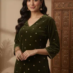 Sangria Embroidered Velvet V-Neck Kurta & Trousers Kurta Sets-picture-10