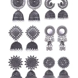 Sangria Set Of 6 Silver Plated Oxidized Jhumka Earrings-image-59