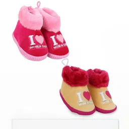 NESKA MODA 6 To 12 Months Set Of 2 Velvet I Love Mom and Dad Print Lace Baby Booties-picture-10
