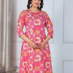 Aramya Floral Printed Three-Quarter Sleeves A-Line Pure Cotton Kurta image 3