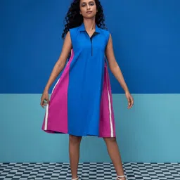 Stylefables Horizon Women Colorblocked Shirt Collar A-Line Dress-picture-27