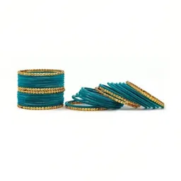 AMSHA Set Of 10 Turquoise Blue Glass Artificial Stones & Beads Bangle image 2