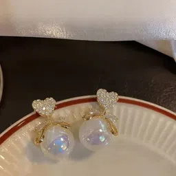 Zaphariq Gold Plated Cubic Zirconia Studded & Pearls Beaded Spherical Shaped Drop Earrings image 2