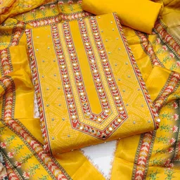 HE VAHLA Ethnic Motifs Printed Mirror & Diamond Work Silk Unstitched Dress Material image 4