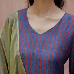 Sangria Stiped V-Neck Kurta With Trousers & Embroidered Dupatta image 2