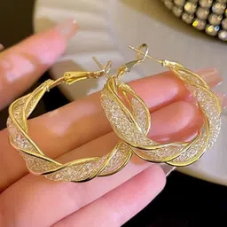 PolluxCraft Gold-Plated Artificial Stones Studded Contemporary Korean Hoop Earrings image 4