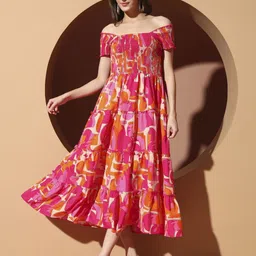 ZWERLON Women Abstract Printed Off-Shoulder Smocked Fit and Flare Midi Dress image 3