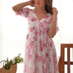 WOCLO ENTERPRISE Floral Print Puff Sleeve Ruffled Georgette Fit & Flare Midi Dress image 4