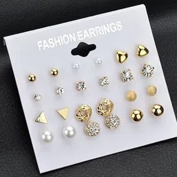 PolluxCraft Korean Set Of 12 Gold-Plated Artificial Stones-Studded Contemporary Studs image 2