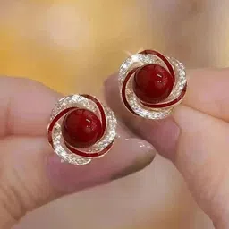 glamshe Crimson Bloom Maroon Stone & Crystal Rose Stud Earrings for Girls & Women Pearl Alloy Stud Earring-picture-12