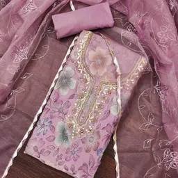 DIVASTRI Floral Embellished Beads & Stones Organza Unstitched Dress Material image 1