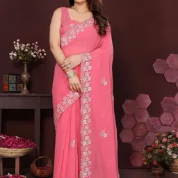 KALINI Pink Poly Georgette Embroidered Sarees image 3