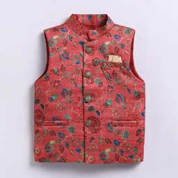 LITTLE COLLARS Boys Floral Printed Silk Kurta with Pyjama And Nehru jacket image 3