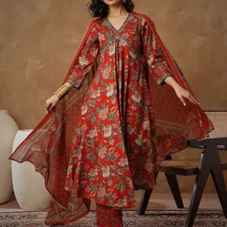 Shae by SASSAFRAS Floral Printed Empire Anarkali Pure Cotton Kurta With Trouser & Dupatta-picture-10