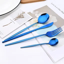 kitchantique Sapphire Blue Silverware Set | 4-Piece Flatware For Dinner, Camping & Gifting Stainless Steel Cutlery Set image 2
