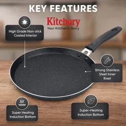 kitchory Non-Stick Dosa Tawa with Handle. Granite Finish, PFOA-Free, Induction-Ready. Tawa 26.5 cm diameter with Lid image 3