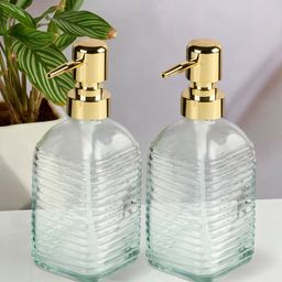 Kookee Transparent & Gold-Toned 2 Pieces Textured Glass Soap Dispensers-400 ml Each-picture-28
