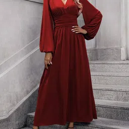 KPOP Women V-Neck Bishop Sleeve Ruched Fit & Flare Maxi Dress-picture-10