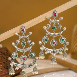 KRISHAZ Silver-Plated Artificial Stones Studded And Beaded Contemporary Drop Earrings-picture-13