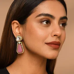 TJC Gold-Plated Artificial Stones Studded Geometric Drop Earrings image 3