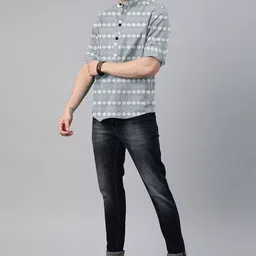 ISUEL FAB Men India Slim Fit Floral Printed Mandarin Collar Cotton Casual Shirt-image-78