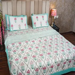 Hawamahal White & Blue Floral 350 TC King Bedsheet with 2 Pillow Covers-picture-34