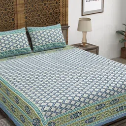 CLOTHOLOGY Blue & Green Geometric 180 TC King Bedsheet with 2 Pillow Covers image 2