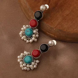 VENI 92.5 Silver-Plated Artificial Stone Studded & Beaded Oxidised Drop Earrings-picture-26