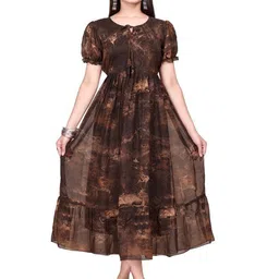 GROMint Women Tie and Dye Print Puff Sleeve Georgette Fit & Flare Midi Dress-picture-15