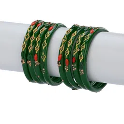1ST TIME Set Of 16 Green Alloy Artificial Stones & Beads Antique Bangles image 2