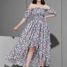 OOMPH! FACTOR Floral Print Puff Sleeve Crepe A-Line Dress image 4