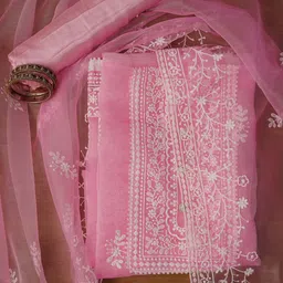 Desi Fusion Floral Embroidered Thread Work Organza Unstitched Dress Material-image-24