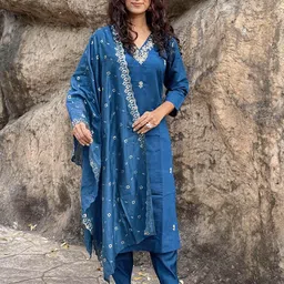 zinzraa Women Regular Thread Work Chanderi Silk Kurta with Trousers & With Dupatta-image-33