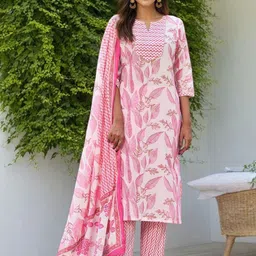 SZN Floral Printed Pure Cotton Notch Neck Straight Kurta With Trousers & Dupatta-picture-12
