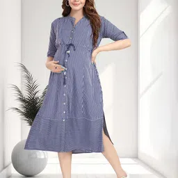 MomsBae Women Solid Striped A-Line Midi Dress-image-57