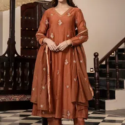 Aaghnya Women Ethnic Motifs Embroidered Tiered Thread Work Kurta with Trousers & With Dupatta-image-60