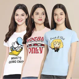 Metronaut Women Pack Of 3 Typography Printed Round Neck Cotton Donald Duck T-shirts-image-86